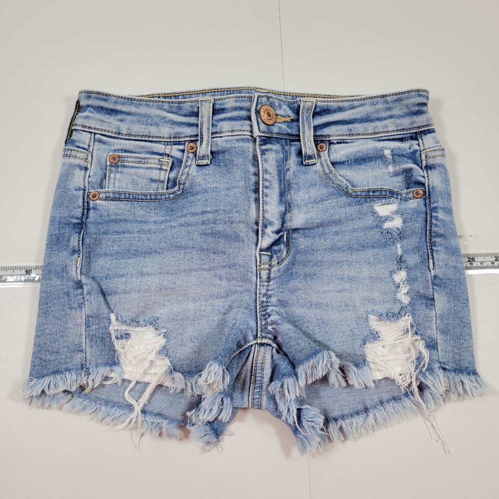 American Eagle Jean Short Women 0 Blue Excellent HiRise Shortie Distressed Denim